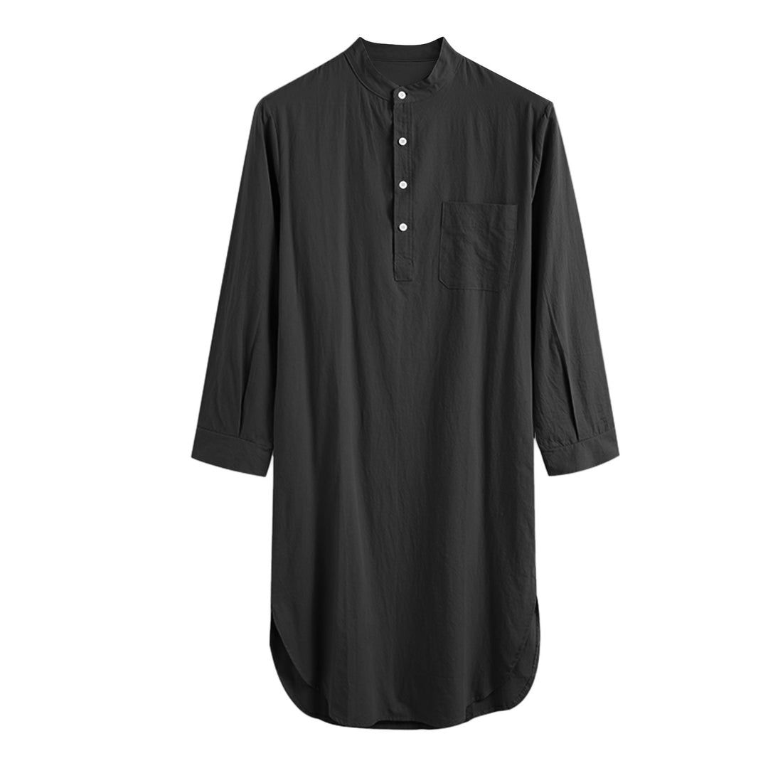 Men's long loose shirt with stand-up collar, chest pocket, and curved hem StylebySassy