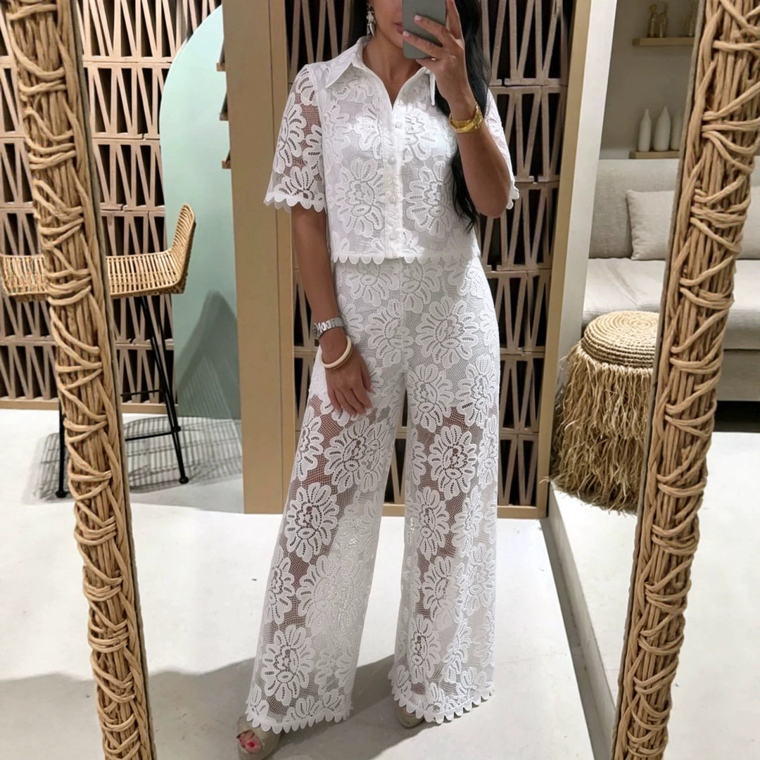 Women's elegant lace combination with short-sleeved blouse, scalloped hem, and tailored palazzo pants with tie belt StylebySassy