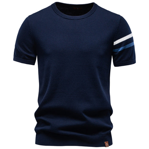 Men's fine cotton knit shirt with round neckline, short sleeves and contrasting sleeve stripes StylebySassy