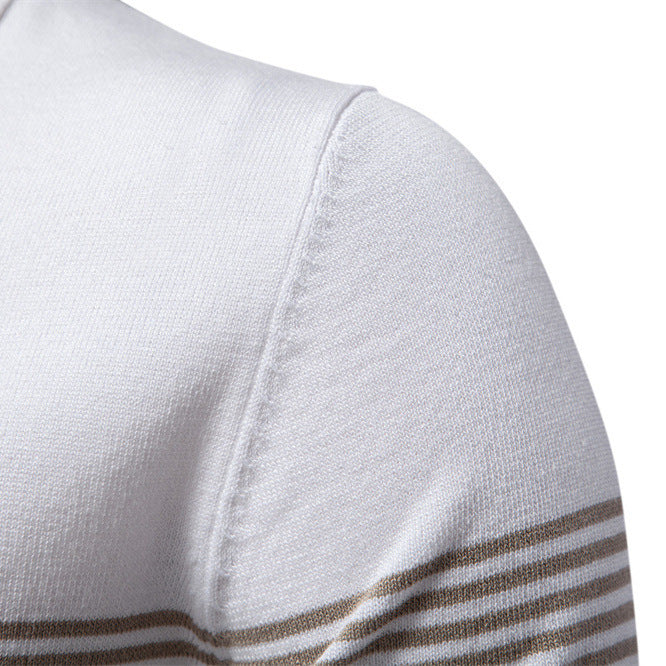 Men's noble fine-knit polo shirt with short metal zipper, cuffed sleeves, and contrasting striped bands StylebySassy