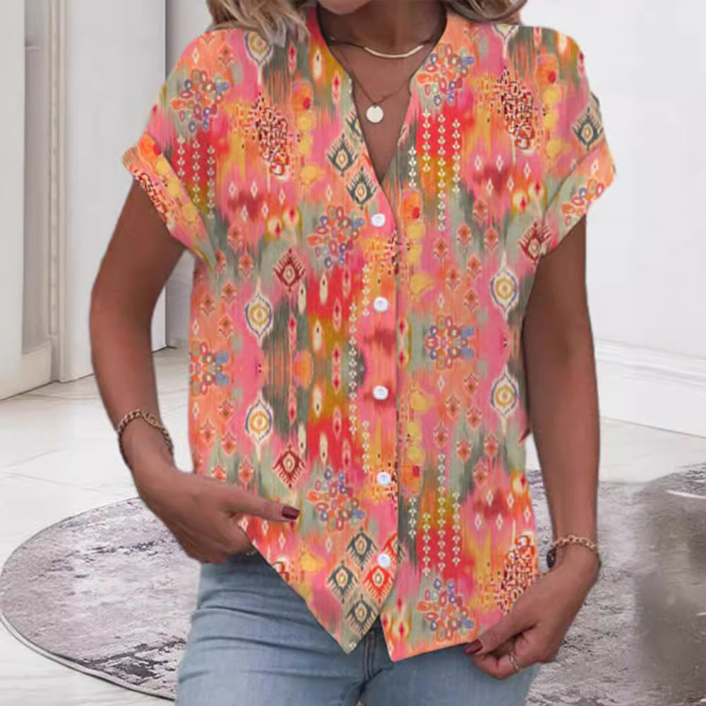 Women's casual short-sleeve blouse with V-neck, button placket and folk all-over print StylebySassy