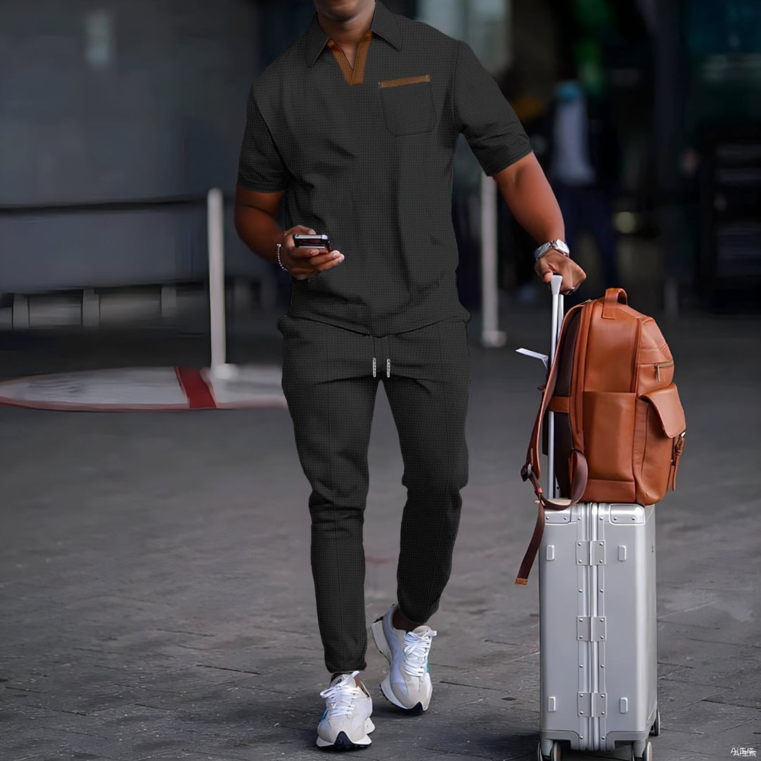 Men's casual leisure set made of elastic jersey with V-neck, chest pocket, and drawstring waistband StylebySassy