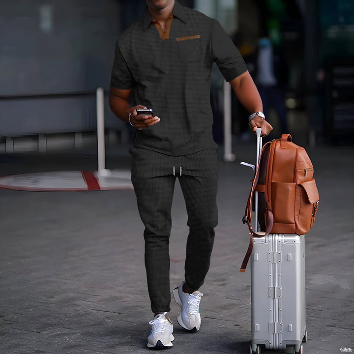 Men's casual leisure set made of elastic jersey with V-neck, chest pocket, and drawstring waistband StylebySassy