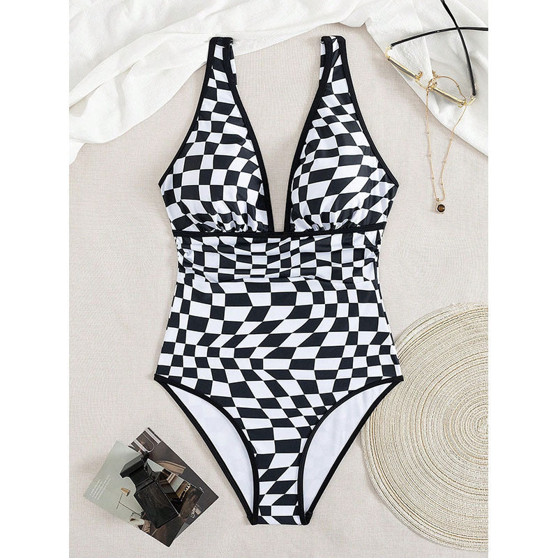 Women's one-piece swimsuit with creative checkered pattern StylebySassy