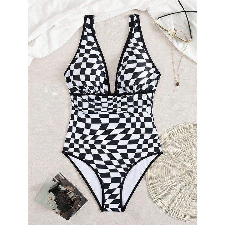 Women's one-piece swimsuit with creative checkered pattern StylebySassy