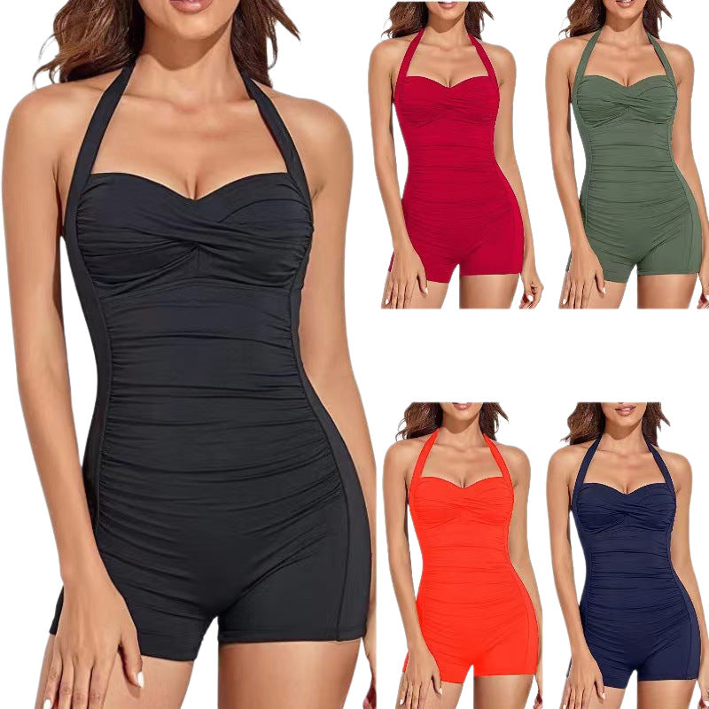 Women's One-Piece Swimsuit with Slim Straps and Fashionable Gather StylebySassy