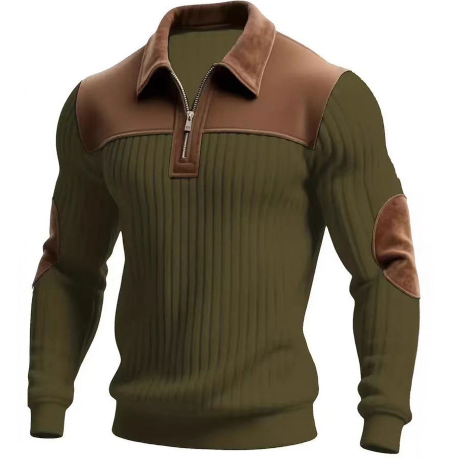 Men's ribbed half-zip pullover with contrasting leather appliqués on shoulders and elbows StylebySassy
