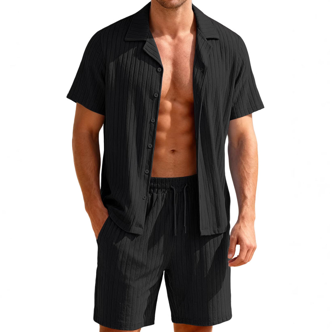 Men's ribbed fine knit lounge set with short sleeve lapel shirt and drawstring shorts StylebySassy