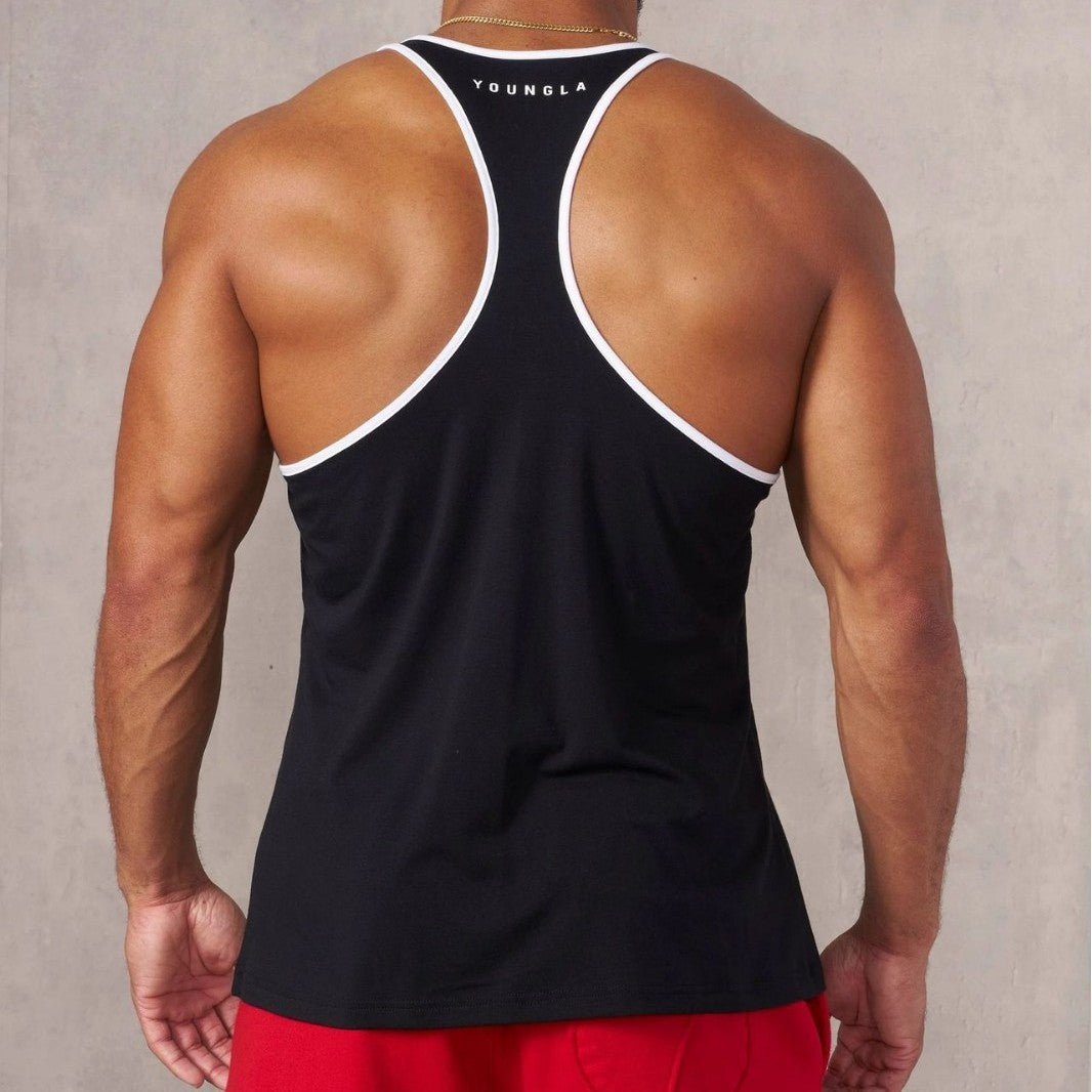 Men's nan athletic Stringer tank top backless cut with contrast piping and strength sports motif StylebySassy