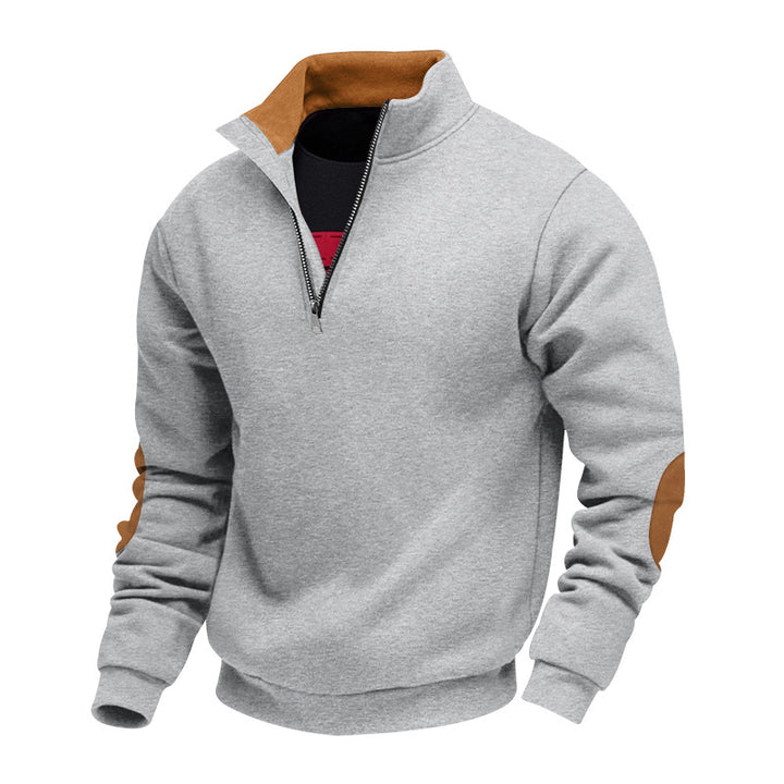 Men's nan Sweatshirt with half zipper, stand collar, and suede elbow patches StylebySassy