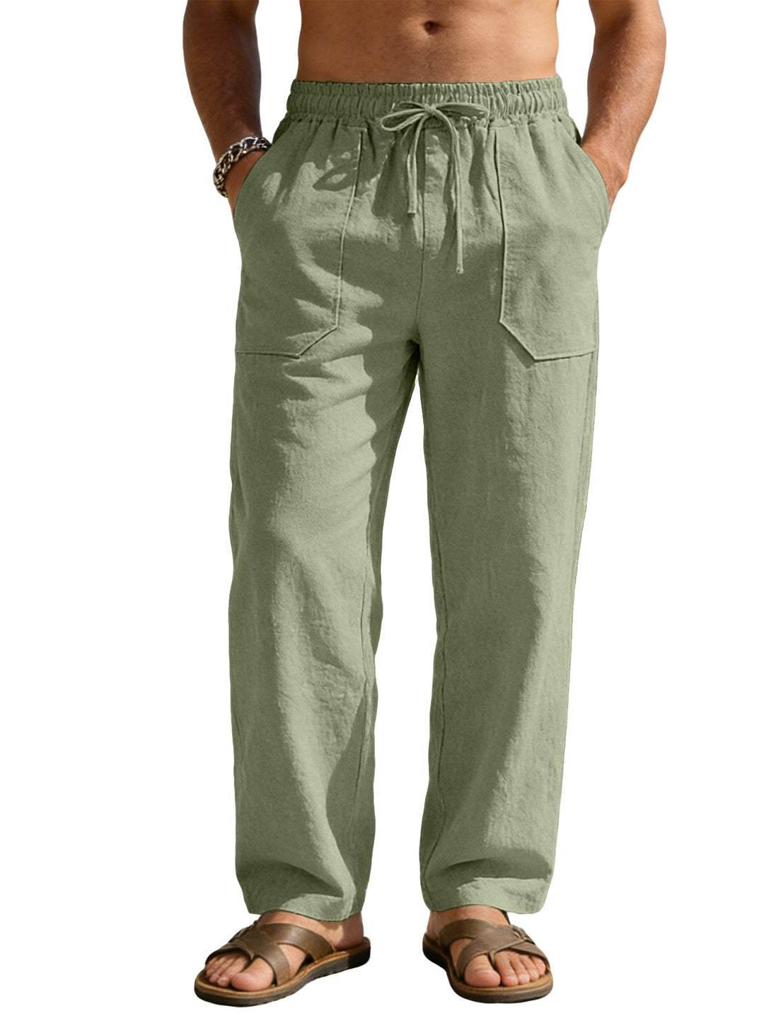 Men's wide Relaxed pants made of linen blend with drawstring waistband and patch leg pockets StylebySassy