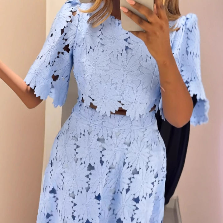 Ladies two-piece guipure lace set with cropped blouse and flared midi skirt StylebySassy