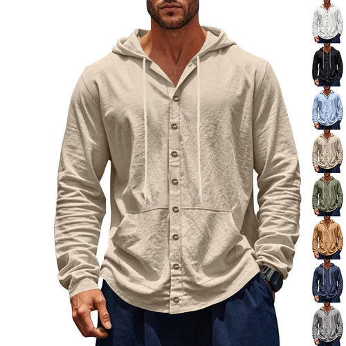 Men's lightweight hoodie cardigan with full button placket, slim fit and kangaroo pocket StylebySassy