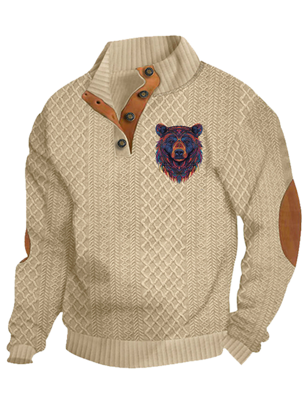 Men's nan Heritage textured pullover with stand-up collar faux leather trim elbow patches and half-button placket StylebySassy