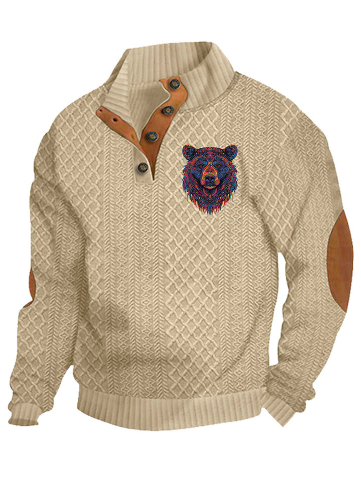 Men's nan Heritage textured pullover with stand-up collar faux leather trim elbow patches and half-button placket StylebySassy