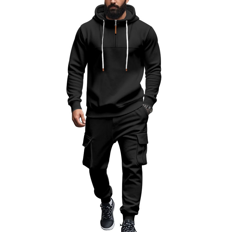 Men's cargo-style hooded sweatshirt and jogger set with short chest zipper and flap pockets StylebySassy