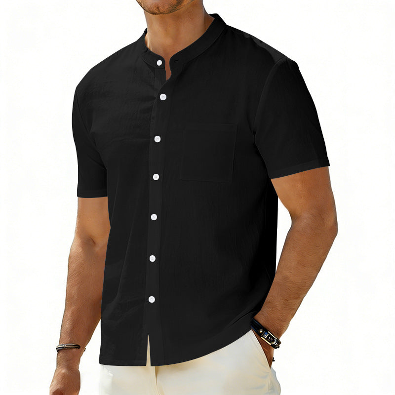 Men's short-sleeved linen shirt with stand-up collar and chest pocket StylebySassy
