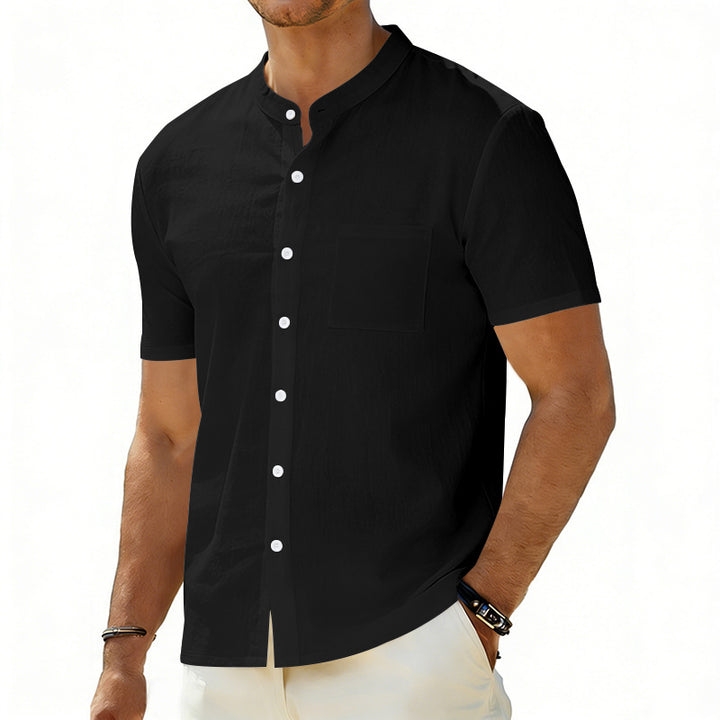 Men's short-sleeved linen shirt with stand-up collar and chest pocket StylebySassy