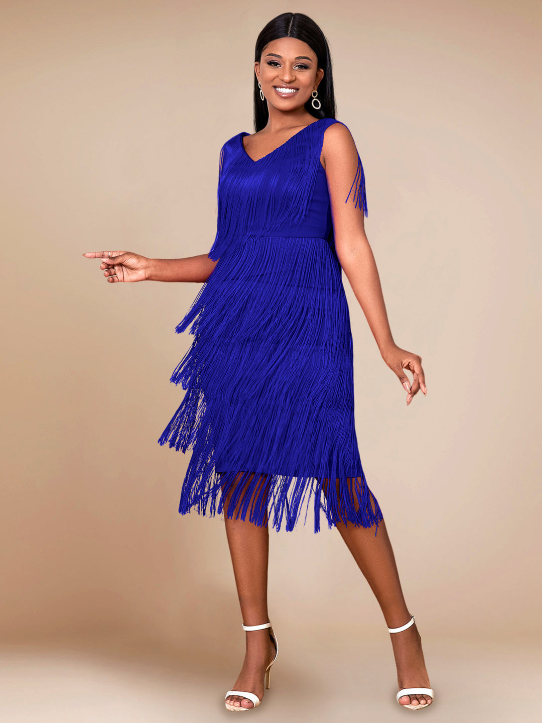 Women's fringed dress with elegant V-neck and swinging hem