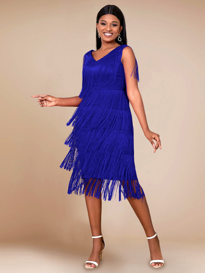 Women's fringed dress with elegant V-neck and swinging hem