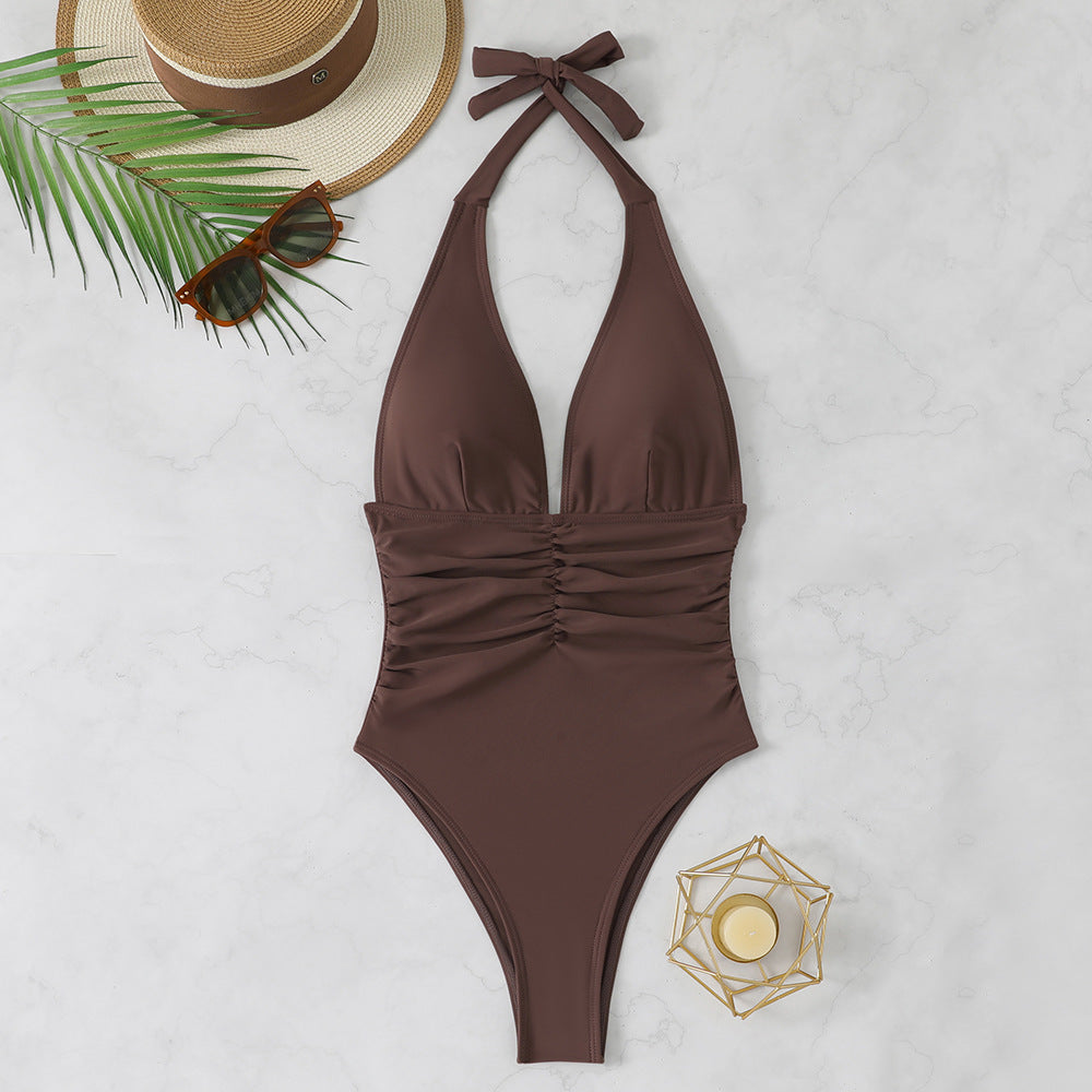 Women's high-cut swimsuit with elegant V-neckline and playful ruffle detail StylebySassy