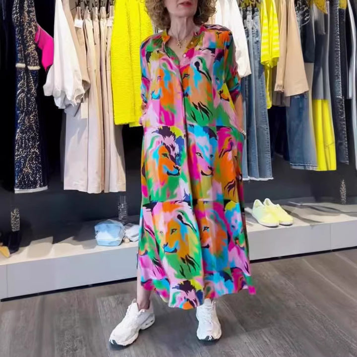 Women's shirt dress maxi dress with pop art lion print, button placket and side pockets StylebySassy