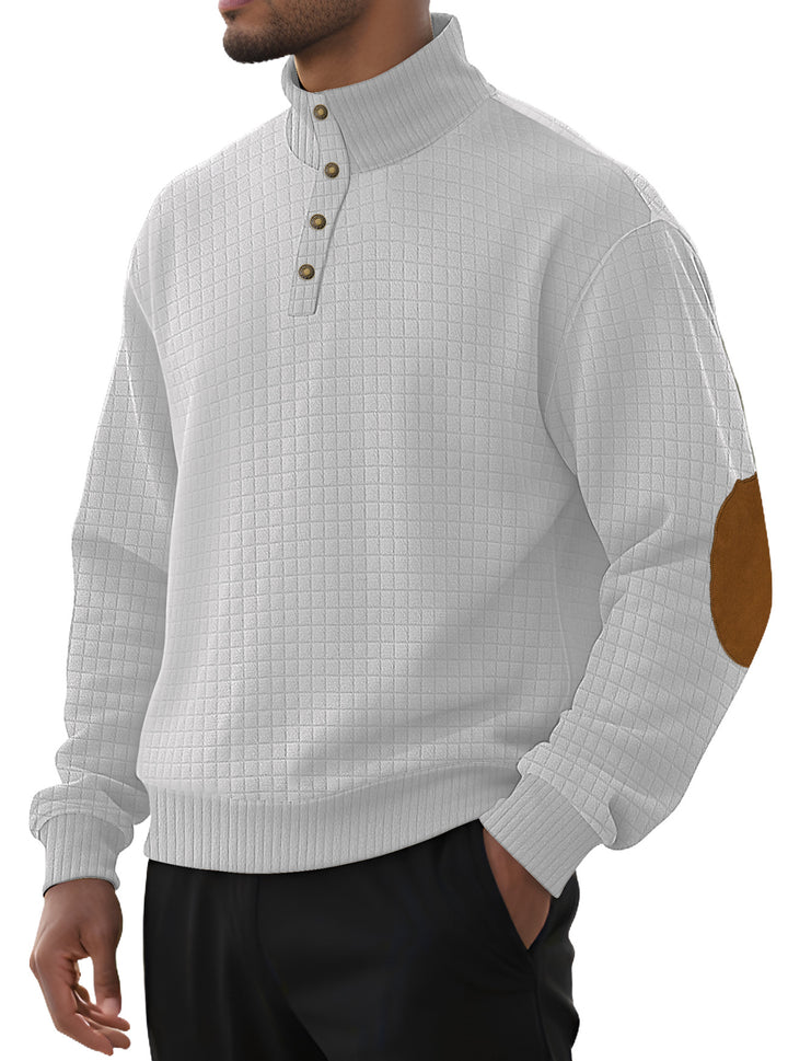 Men's plaid quilted sweatshirt with Henley placket, high stand-up collar, and velour elbow patches StylebySassy