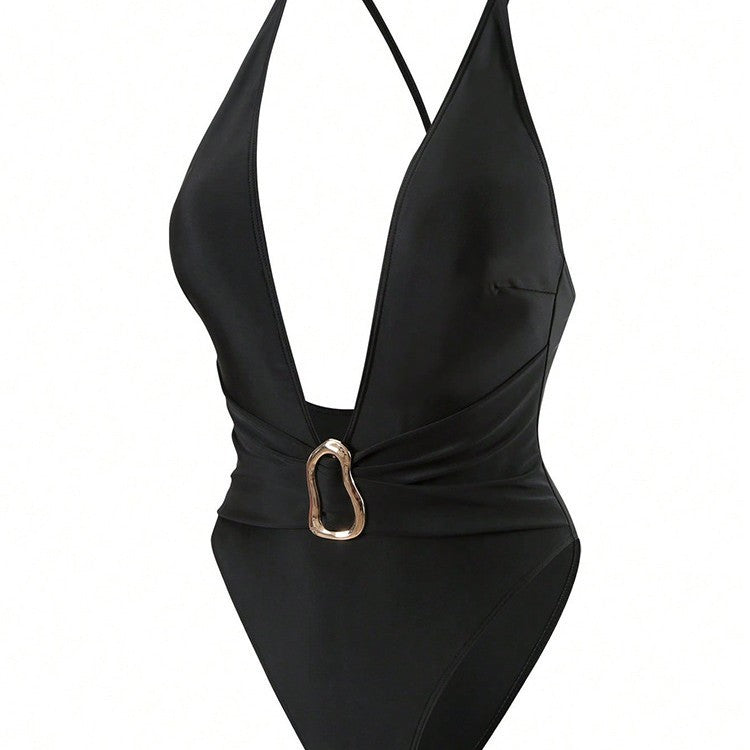 Women's one-piece swimsuit with deep V-neckline and elegant decorative element StylebySassy