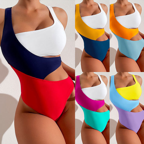 Women's one-piece swimsuit with asymmetric design and colorful contrast areas StylebySassy