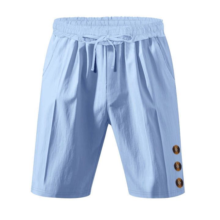 Men's knee-length casual Bermuda shorts with elastic tunnel drawstring waist, side slit pockets, and round decorative appliqués StylebySassy