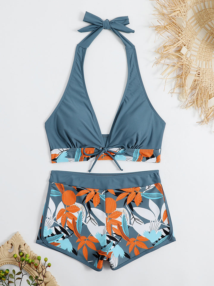 Women's sporty bikini set with adjustable halter top and shorts StylebySassy