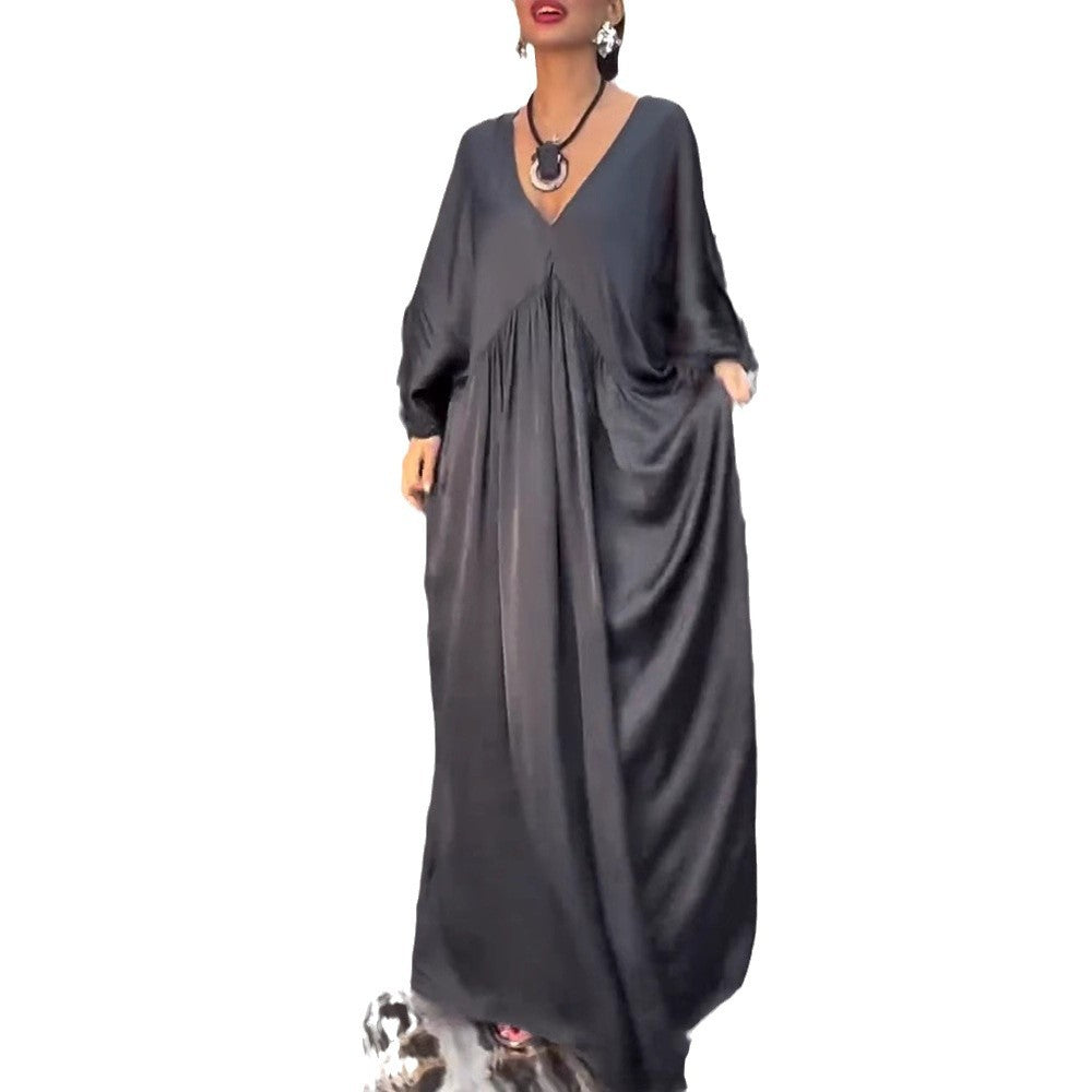 Women's satin look kaftan maxi dress with V-neck, gathered empire seam, and ruffled sleeves StylebySassy