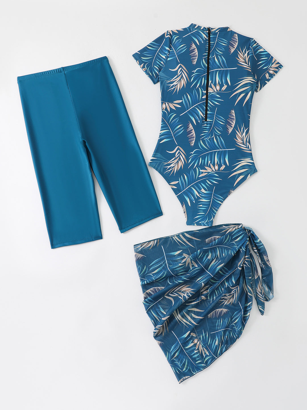 Ladies sporty one-piece swimsuit with complementary leggings and wrap skirt StylebySassy