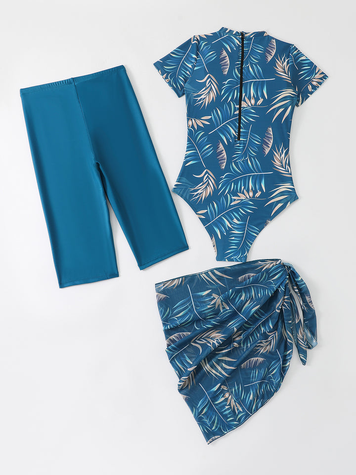 Ladies sporty one-piece swimsuit with complementary leggings and wrap skirt StylebySassy
