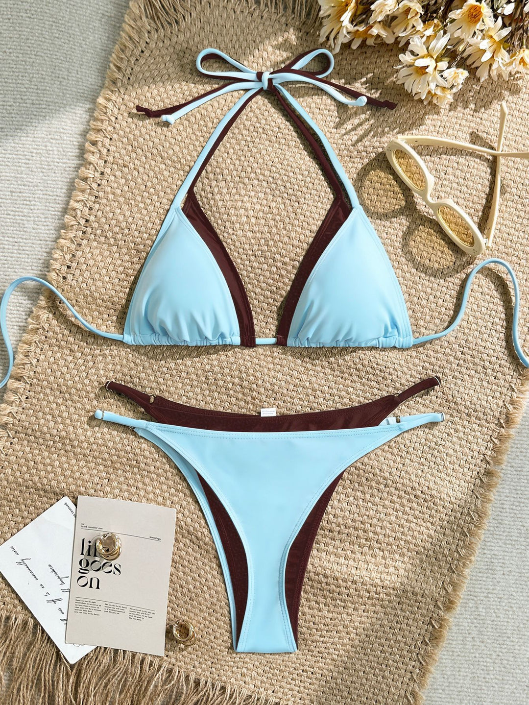 Women's triangle bikini with adjustable straps and contrasting color design StylebySassy