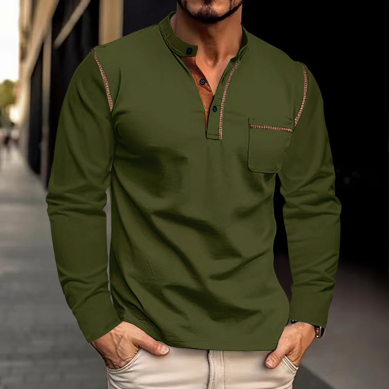 Men's long-sleeved jersey shirt with mandarin collar, short button placket, chest pocket, and contrasting decorative seam StylebySassy