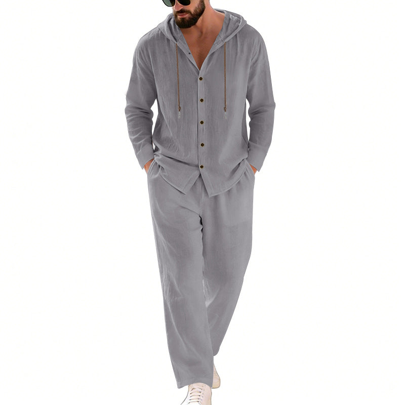 Men's two-piece lounge set with button hoodie shirt made of crepe jersey and straight drawstring pants StylebySassy