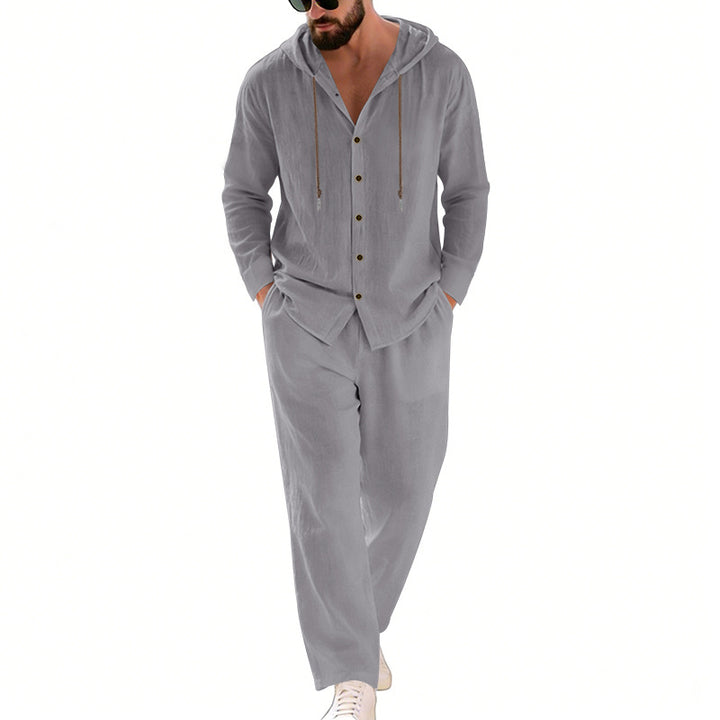Men's two-piece lounge set with button hoodie shirt made of crepe jersey and straight drawstring pants StylebySassy