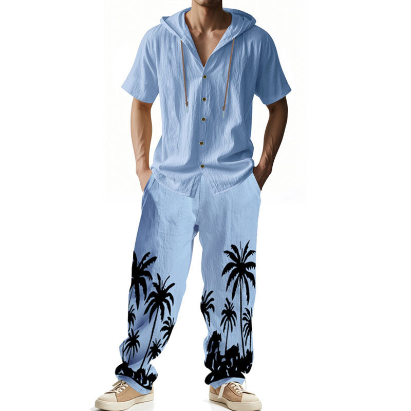 Men's casual summer ensemble with hoodie and wide palm motif pants StylebySassy