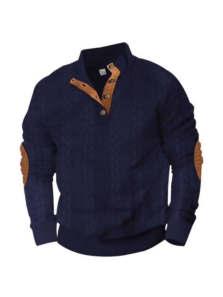 Men's casual cable knit pullover with reinforced button placket and suede elbow patches StylebySassy