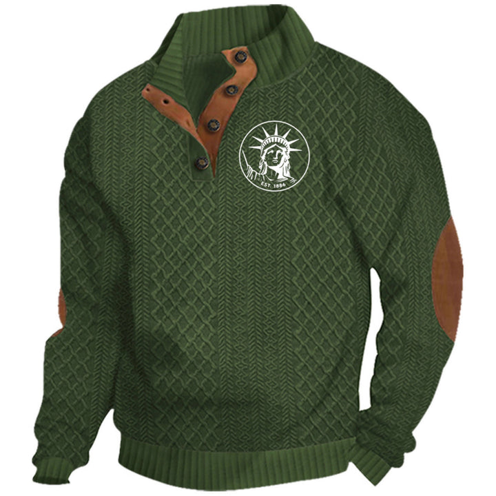 Men's nan Heritage textured pullover with stand-up collar faux leather trim elbow patches and half-button placket StylebySassy