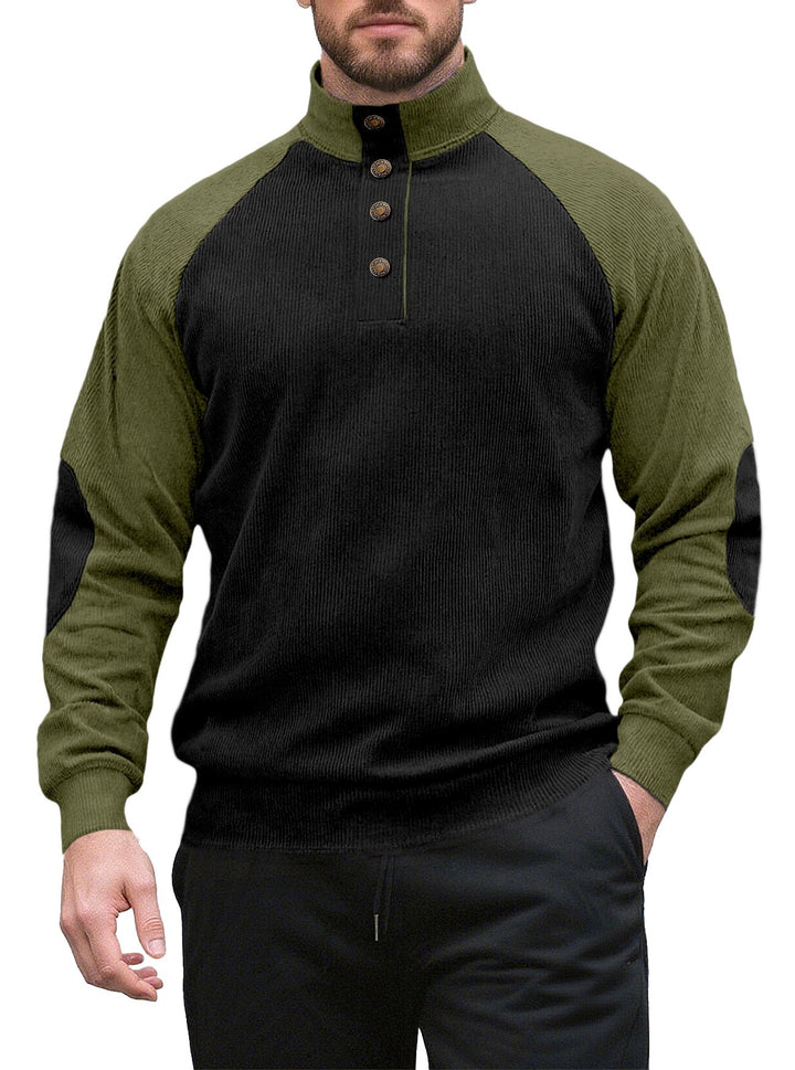 Men's two-tone ribbed troyer with asymmetrical button placket and velour elbow patches StylebySassy