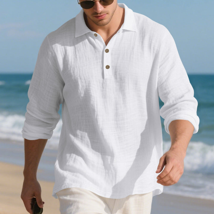 Men's casual linen henley shirt with polo collar and triple button placket StylebySassy