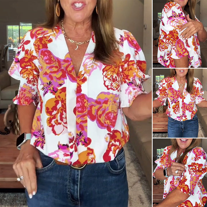 Ladies nan loose blouse with gathered puff sleeves and button placket StylebySassy