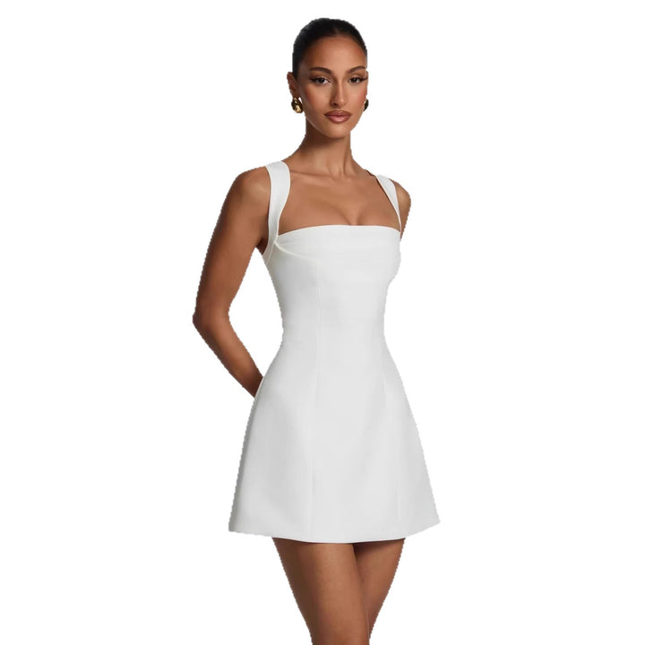 Women's fitted mini dress with wide straps and elegant neckline StylebySassy