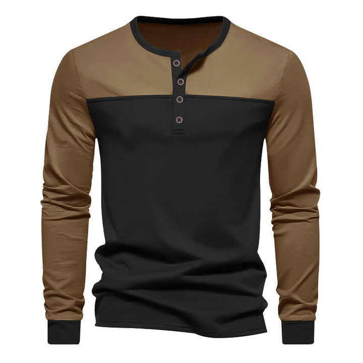 Men's long-sleeved Henley shirt with contrasting yoke, short button placket, and ribbed cuffs StylebySassy