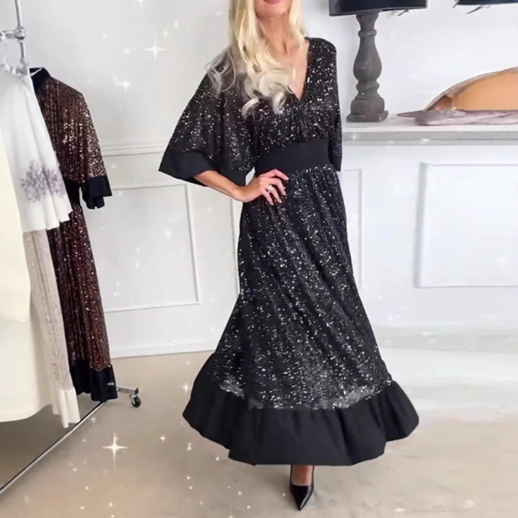 Women's shimmering evening maxi dress with kimono sleeves and waist-emphasizing waistband StylebySassy