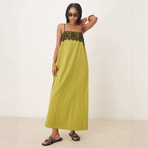 Women's nightgown inspired maxi dress with lace bustier and narrow spaghetti straps StylebySassy
