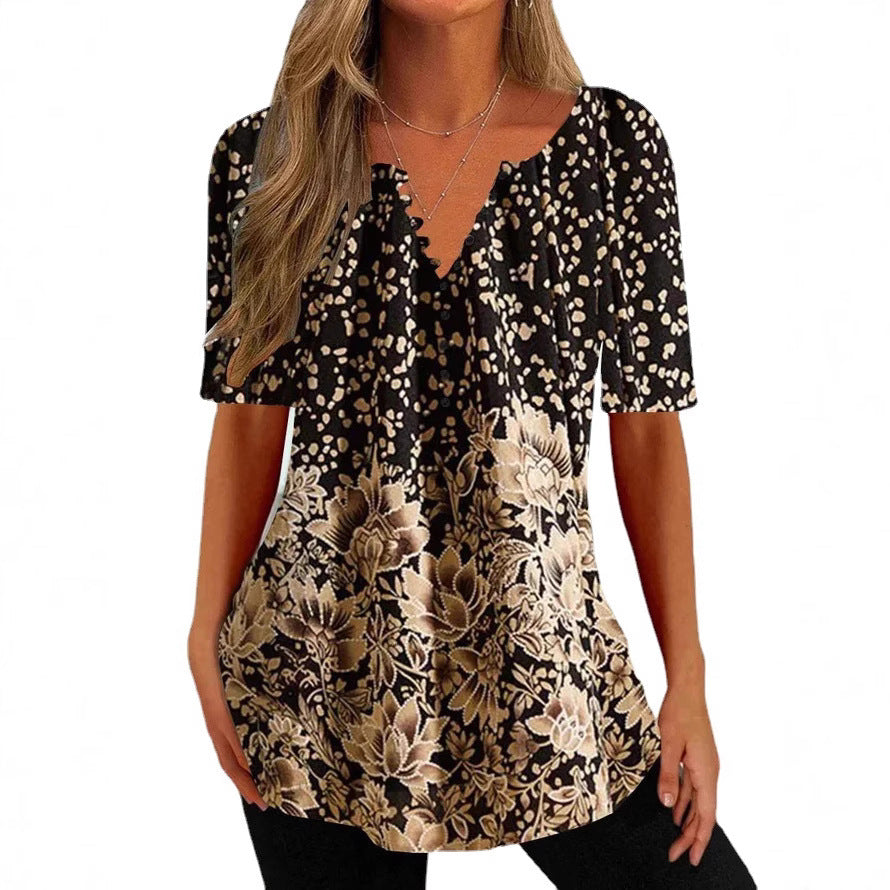 Women’s loose V-neck tunic top with floral trim and polka dot pattern StylebySassy