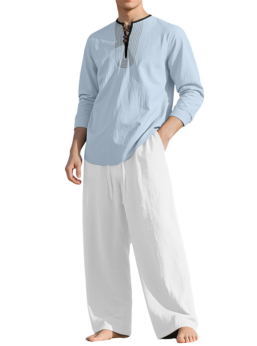 Men's tunic and Palazzo pants set with Henley placket, decorative embroidery and wide cut StylebySassy
